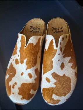 Tony Lama Cowprint Mules